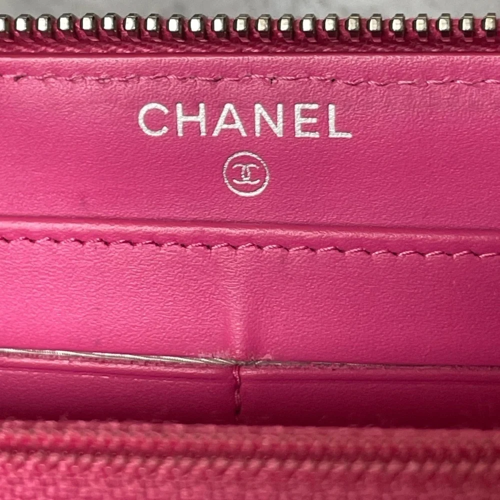 Chanel Pink Caviar Zip Around Quilted Leather Zip Around Long Wallet